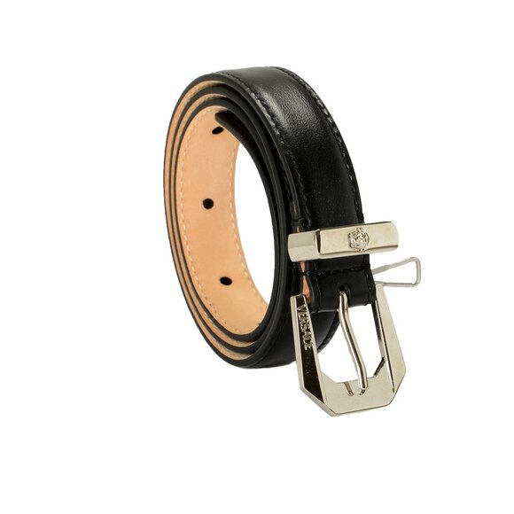 Versace Black 100% Leather Silver Medusa Head Logo Decorated Belt US 24 IT 60 - Picture 1 of 4
